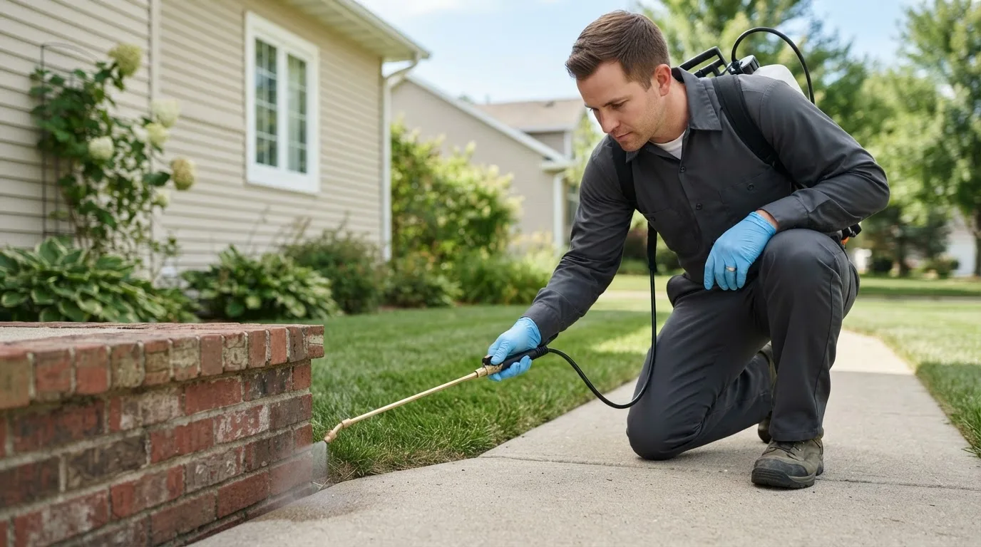 Pest control technician treating a home near Oilville, VA