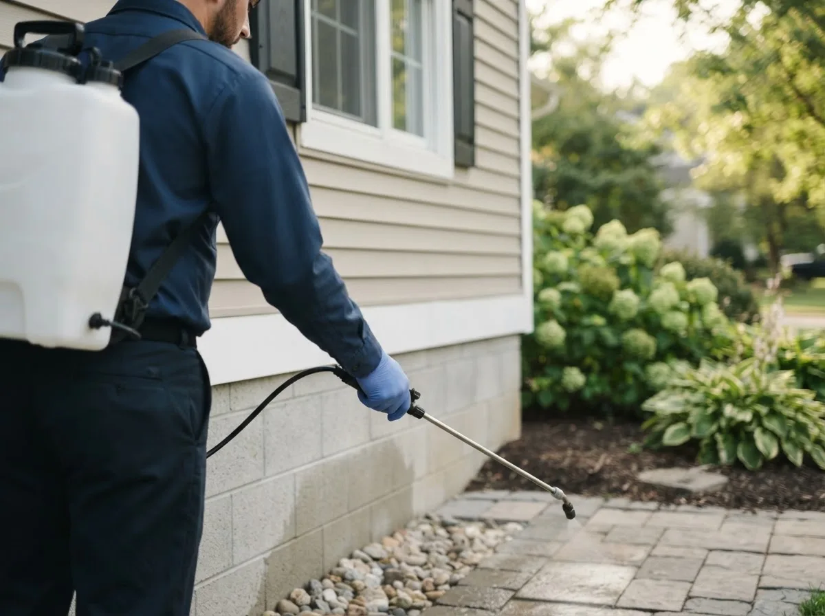 Pest control technician inspecting a home in Oilville, VA